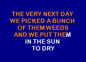 THE VERY NEXT DAY
WE PICKED A BUNCH
OF THEM WEEDS
AND WE PUT THEM
IN THESUN
TO DRY