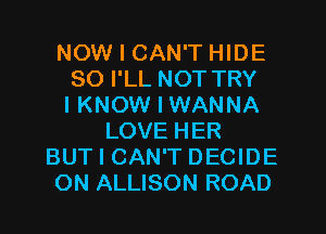 NOW I CAN'T HIDE
SO I'LL NOT TRY
I KNOW I WANNA
LOVE HER
BUT I CAN'T DECIDE
ON ALLISON ROAD