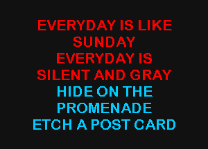 HIDE ON THE
PROMENADE
ETCH A POST CARD