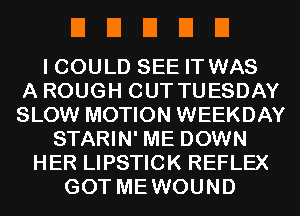 EIEIEIDEI

I COULD SEE IT WAS
A ROUGH CUT TUESDAY
SLOW MOTION WEEKDAY
STARIN' ME DOWN
HER LIPSTICK REFLEX
GOT MEWOUND