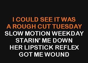 I COULD SEE IT WAS
A ROUGH CUT TUESDAY
SLOW MOTION WEEKDAY
STARIN' ME DOWN
HER LIPSTICK REFLEX
GOT MEWOUND