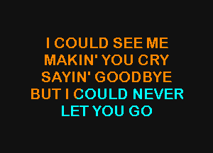 I COULD SEE ME
MAKIN' YOU CRY
SAYIN' GOODBYE
BUT I COULD NEVER
LET YOU GO