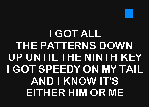I GOT ALL
THE PATTERNS DOWN
UP UNTILTHE NINTH KEY
I GOT SPEEDY ON MY TAIL

AND I KNOW IT'S
EITHER HIM 0R ME