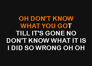 0H DON'T KNOW
WHAT YOU GOT
TILL IT'S GONE N0
DON'T KNOW WHAT IT IS
I DID SO WRONG 0H 0H