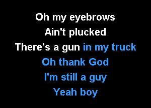 Oh my eyebrows
Ain't plucked
There's a gun in my truck

Oh thank God
I'm still a guy
Yeah boy