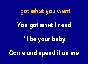 I got what you want
You got what I need

I'll be your baby

Come and spend it on me