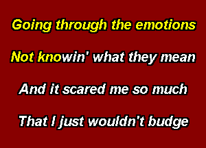 Going through the emotions
Not knowin' what they mean
And it scared me so much

That I just wouldn't budge