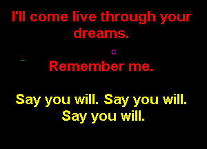 I'll come live through your
dreams.

0

Remember me.

Say you will. Say you will.
Say you will.
