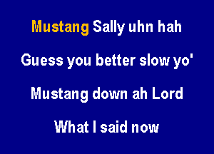Mustang Sally uhn hah

Guess you better slow yo'

Mustang down ah Lord

What I said now