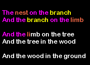 The nest on the branch
And the branch on the limb

And the limb on the tree
And the tree in the wood

And the wood in the ground