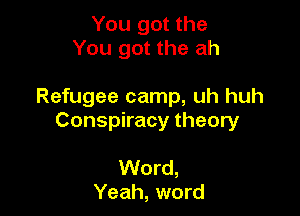You got the
You got the ah

Refugee camp, uh huh

Conspiracy theory

Word,
Yeah, word
