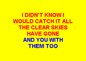 I DIDN'T KNOW I
WOULD CATCH IT ALL
THE CLEAR SKIES
HAVE GONE
AND YOU WITH
THEM T00