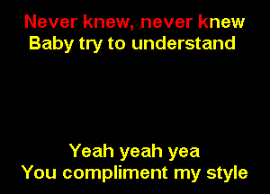 Never knew, never knew
Baby try to understand

Yeah yeah yea
You compliment my style