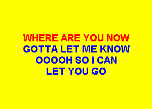 WHERE ARE YOU NOW
GOTTA LET ME KNOW
OOOOH SO I CAN
LET YOU GO