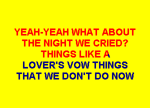 YEAH-YEAH WHAT ABOUT
THE NIGHT WE CRIED?
THINGS LIKE A
LOVER'S VOW THINGS
THAT WE DON'T DO NOW