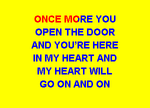 ONCE MORE YOU
OPEN THE DOOR
AND YOWRE HERE
IN MY HEART AND
MY HEART WILL
GO ON AND ON