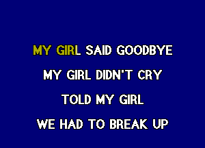 MY GIRL SAID GOODBYE

MY GIRL DIDN'T CRY
TOLD MY GIRL
WE HAD TO BREAK UP