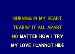 BURNING IN MY HEART

TEARIN' IT ALL APART
NO MATTER HOW I TRY
MY LOVE I CANNOT HIDE