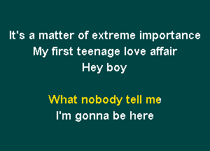 It's a matter of extreme importance
My first teenage love affair
Hey boy

What nobody tell me
I'm gonna be here