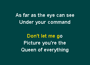 As far as the eye can see
Under your command

Don't let me go
Picture you're the
Queen of everything