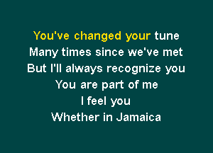 You've changed your tune
Many times since we've met
But I'll always recognize you

You are part of me
I feel you
Whether in Jamaica