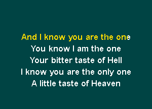 And I know you are the one
You know I am the one

Your bitter taste of Hell
I know you are the only one
A little taste of Heaven