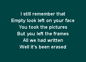 I still remember that
Empty look left on your face
You took the pictures

But you left the frames
All we had written
Well it's been erased