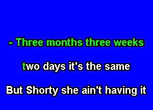 - Three months three weeks

two days it's the same

But Shorty she ain't having it