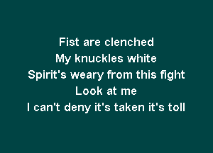 Fist are clenched
My knuckles white
Spirit's weary from this fight

Look at me
I can't deny it's taken it's toll