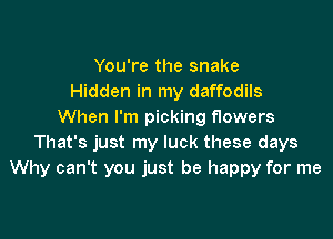 You're the snake
Hidden in my daffodils
When I'm picking flowers

That's just my luck these days
Why can't you just be happy for me