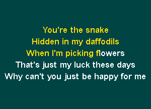You're the snake
Hidden in my daffodils
When I'm picking flowers

That's just my luck these days
Why can't you just be happy for me