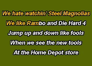 We hate watchin' Steel Magnolias
We like Rambo and Die Hard 4
Jump up and down like fools
When we see the new tools

At the Home Depot store