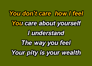 You don't care how I feel
You care about yourself

I understand
The way you feel
Your pity is your wealth