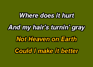 Where does it hurt

And my hair's turnin' gray

Not Heaven on Earth
Could I make it better