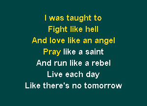 I was taught to
Fight like hell
And love like an angel
Pray like a saint

And run like a rebel
Live each day
Like there's no tomorrow