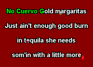 N0 Cuervo Gold margaritas
Just ain't enough good burn
in tequila she needs

som'in with a little more...