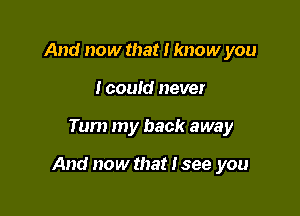 And now that I know you
I could never

Tum my back away

And now that I see you