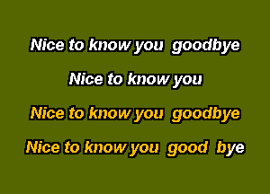 Nice to know you goodbye
Nice to know you

Nice to know you goodbye

Nice to know you good bye