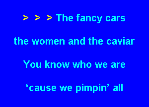 t? r) The fancy cars
the women and the caviar

You know who we are

Tause we pimpiw all