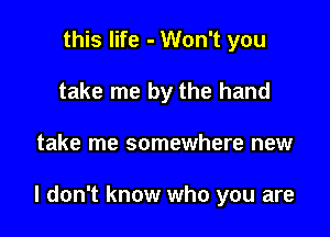 this life - Won't you
take me by the hand

take me somewhere new

I don't know who you are