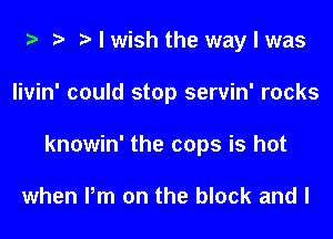 e e e I wish the way I was
Iivin' could stop servin' rocks
knowin' the cops is hot

when Pm on the block and I