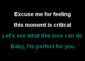 Excuse me for feeling
this moment is critical
Let's see what this love can do

Baby, I'm perfect for you