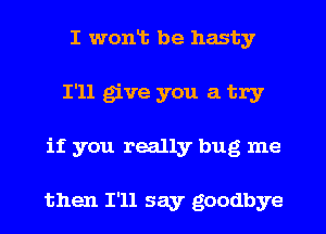 I wontt be hasty
I'll give you a try
if you really bug me

then I'll say goodbye