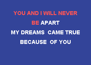 YOU AND I WILL NEVER
BE APART
MY DREAMS CAME TRUE

BECAUSE OF YOU