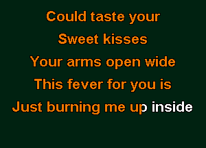 Could taste your
Sweet kisses
Your arms open wide
This fever for you is

Just burning me up inside