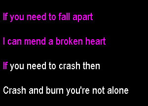 If you need to fall apart
I can mend a broken heart

If you need to crash then

Crash and burn you're not alone