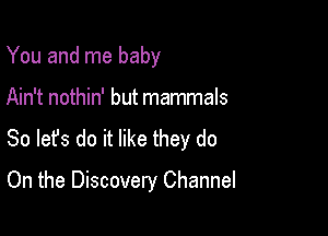 You and me baby

Ain't nothin' but mammals

So lefs do it like they do

On the Discovery Channel