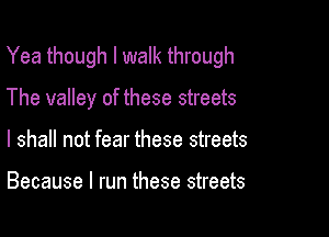 Yea though I walk through

The valley of these streets
I shall not fear these streets

Because I run these streets