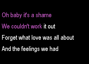 Oh baby it's a shame
We couldn't work it out

Forget what love was all about

And the feelings we had