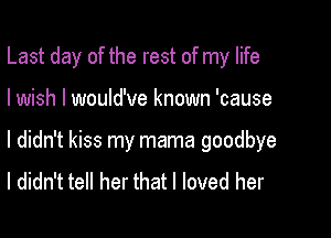 Last day of the rest of my life

I wish I would've known 'cause

I didn't kiss my mama goodbye
I didn't tell her that I loved her